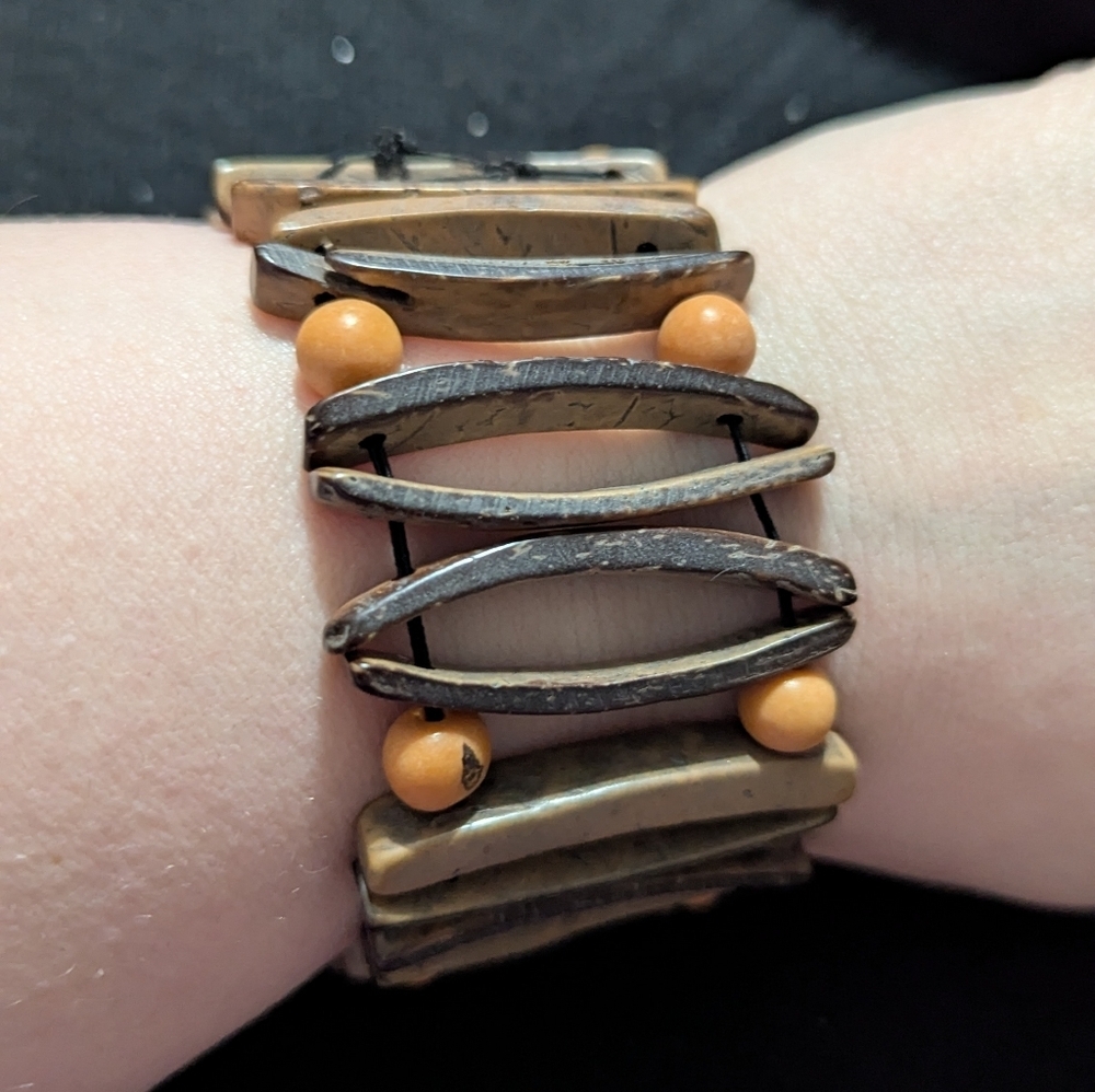 Brown Wood and Orange Beaded  Stretchy Elastic Statement Bracelet